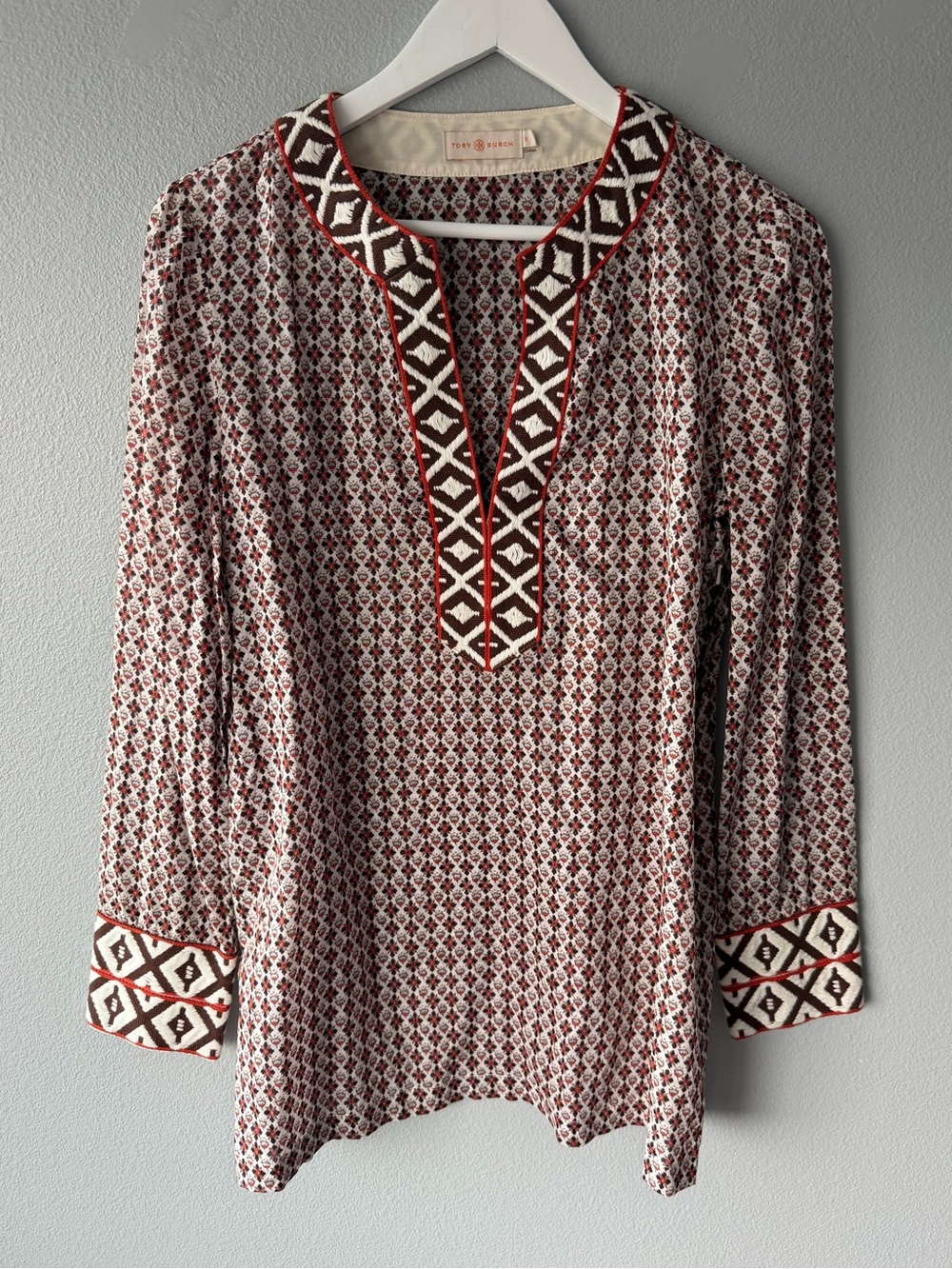 Tory Burch cream brown floral embroidered 100% cotton Brent tunic Women’s sz 8